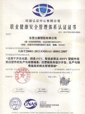 立新塑膠-職業(yè)健康安全管理體系認證證書